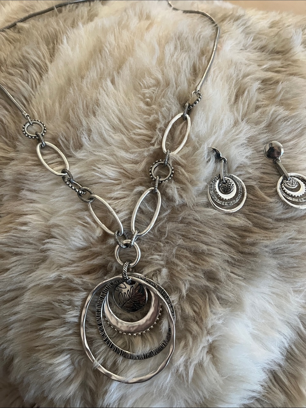 Chico's Silver-Tone Layered Ring Pendant Necklace with Drop Earrings